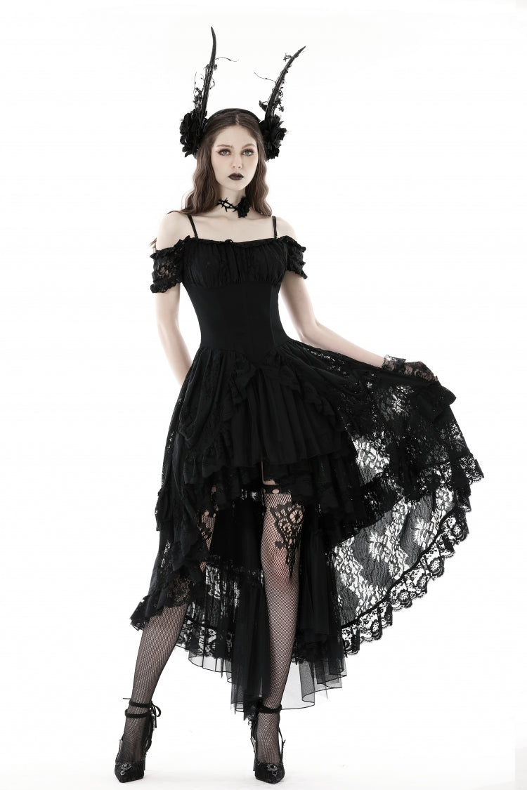 Black Boat Neck Off Shoulder Short Puff Sleeves Ruffled Lace Lace-Up Irregular Women's Gothic Dovetail Dress