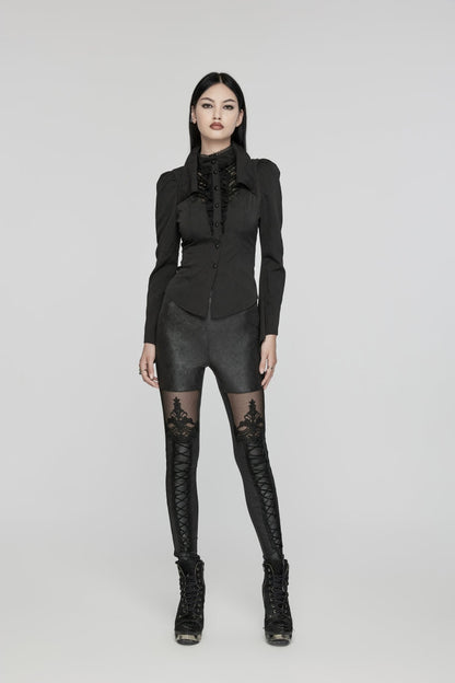 Black Long Puff Sleeves Stitching Lace Women's Gothic Blouse