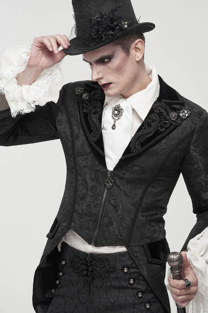 Black Gothic Embroidered Print Pattern Metal Pattern Buckle Decoration Trumpet Sleeve Men's Swallowtail Coat