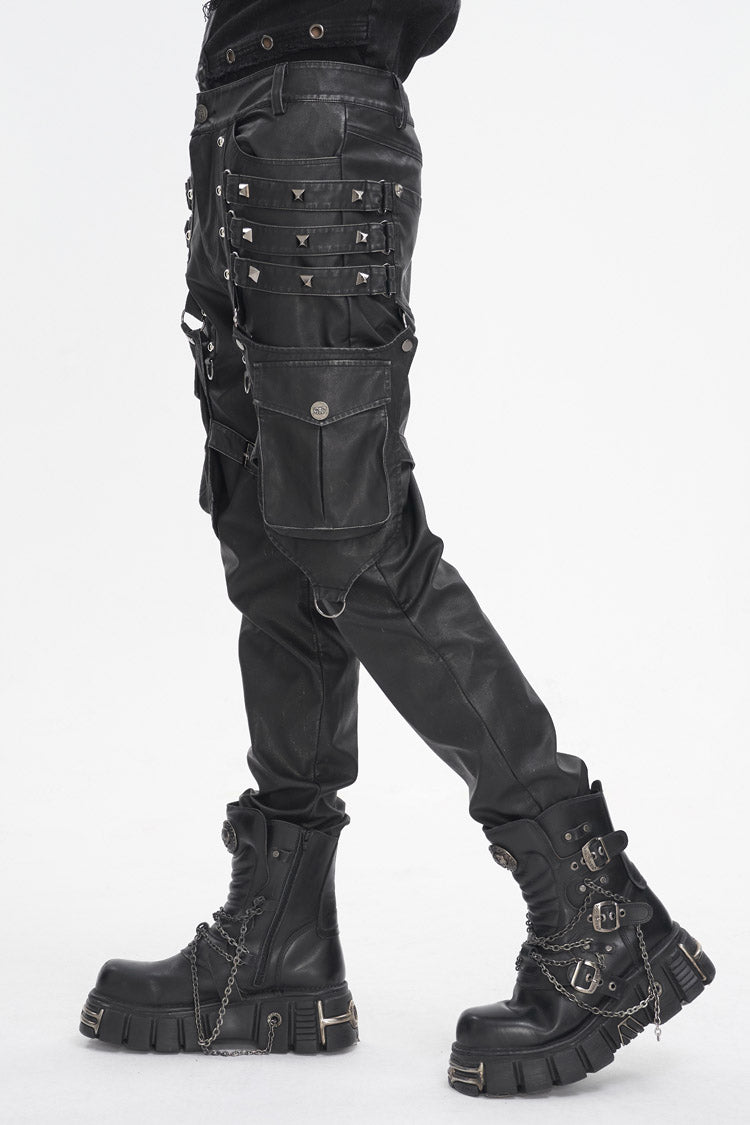 Black Big Pocket Faux Leather Men's Gothic Pants