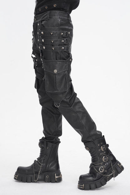 Black Big Pocket Faux Leather Men's Gothic Pants