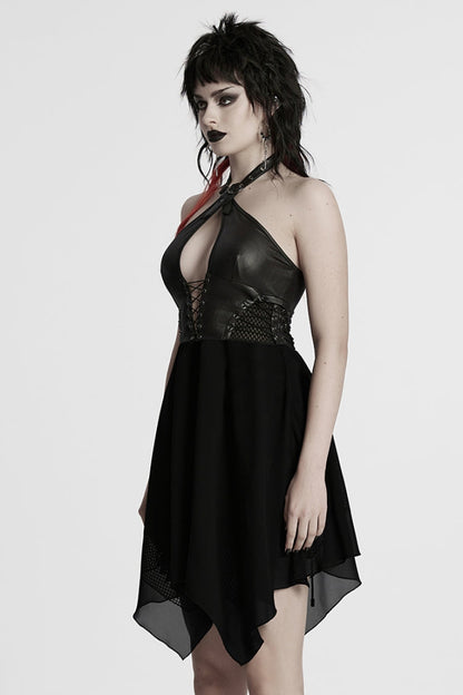 Black Halterneck Lace-Up Irregular Women's Punk Party Dress