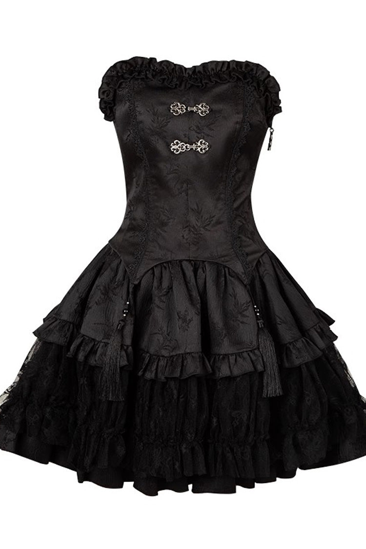 Black Bamboo Leaves Print Ruffle Lace Gothic Chinese Style Lolita Skirt
