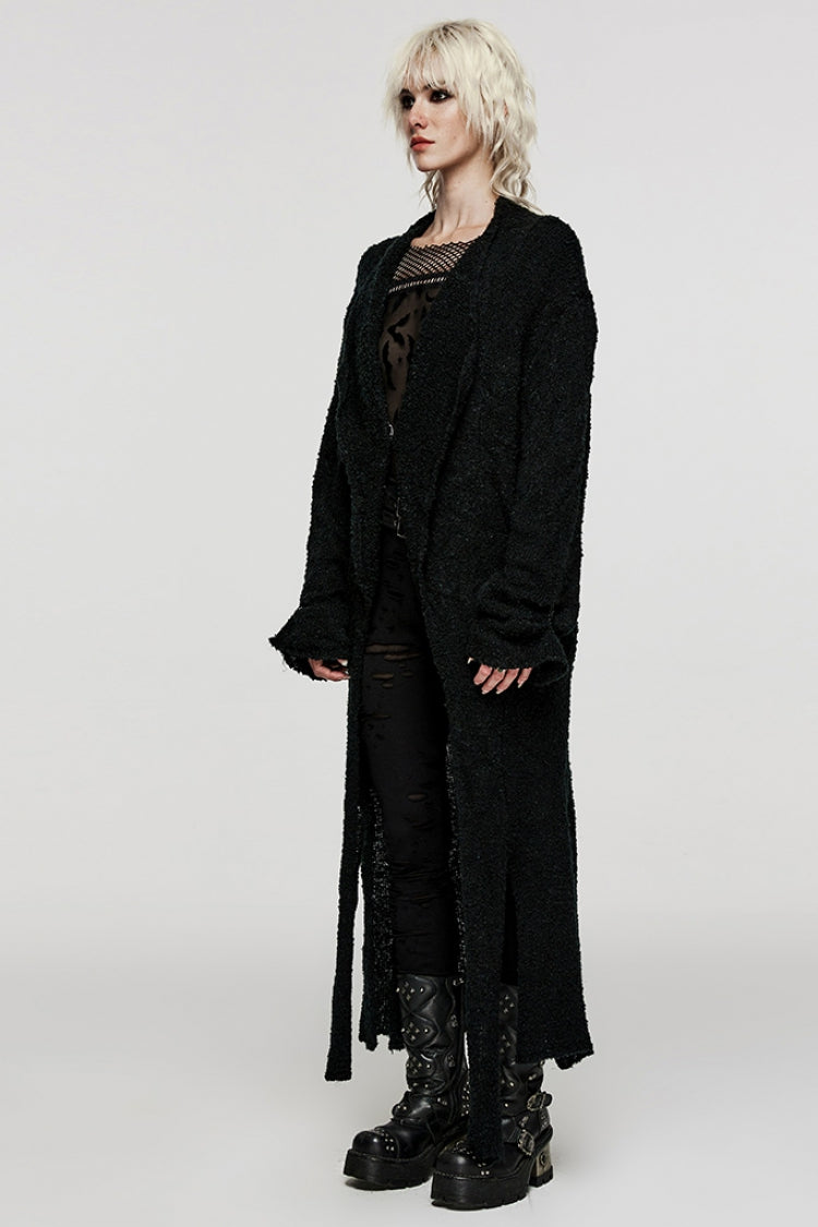Black Lapel Collar Long Sleeves Wool Slit Hem Irregular Women's Punk Jacket