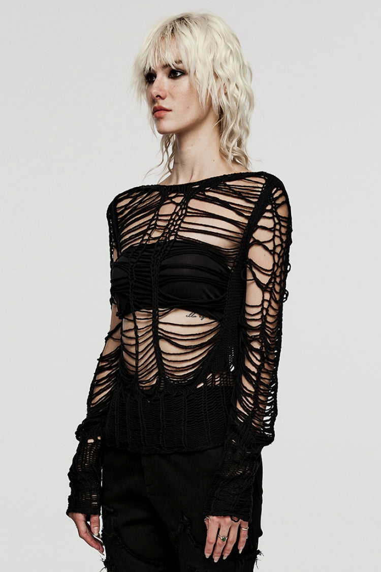Black Long Sleeves Hollow Sheer Ripped Women's Steampunk Knitted Sweater
