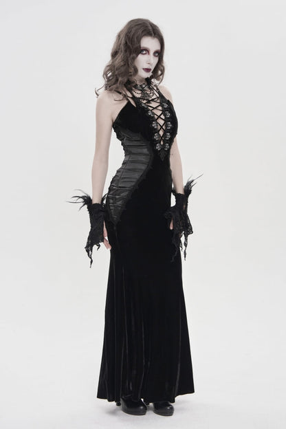 Black Off Shoulder Sleeveless Hanayome Spliced Lace-Up Slim Pleated Women's Gothic Jsk Dress