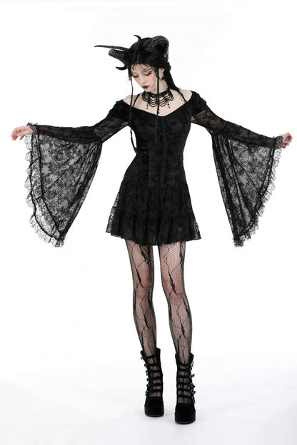 Black Off Shoulder Long Trumpet Sleeves Velvet Spliced Mesh Women's Gothic Graduation Dress