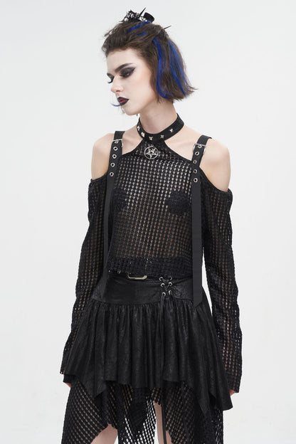 Black Off Shoulder Buckle Sheer Crop Women's Punk Shirt
