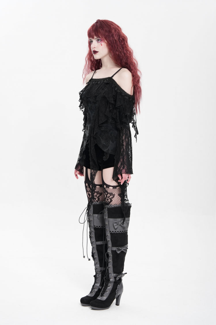 Black Off Shoulder Long Trumpet Sleeves Ruffle Women's Gothic Slip Blouse