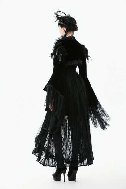 Black Lace Spliced Velvet Long Flared Sleeves Floral Feather Women's Gothic Cape