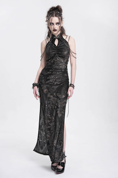 Black Off Shoulder Halterneck Sleeveless Side Slit Women's Gothic Dress