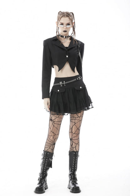 Black Lapel Collar Long Sleeves Chain-Decorated Women's Punk Irregular Short Jacket