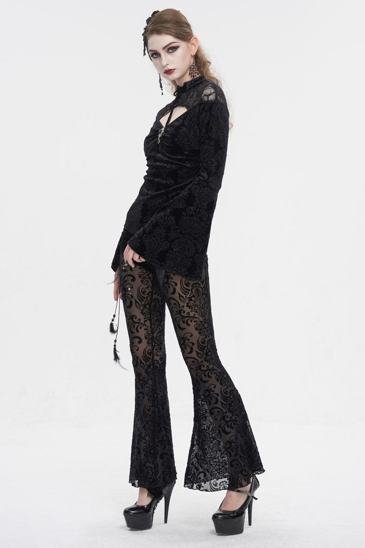 Black Lace Cutout Round Collar Flared Sleeved Floral Embossed Women's Gothic Shirt