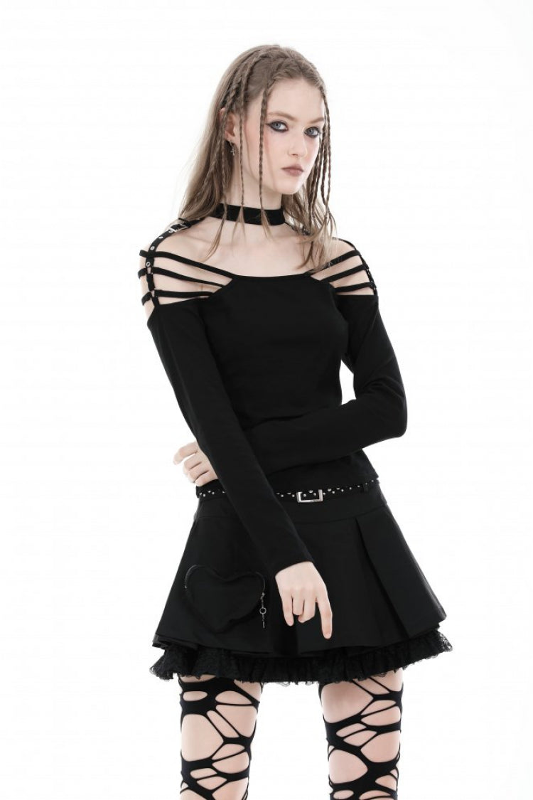 Black Off Shoulder Long Sleeves Cut-Out Buckled Women's Punk Blouse