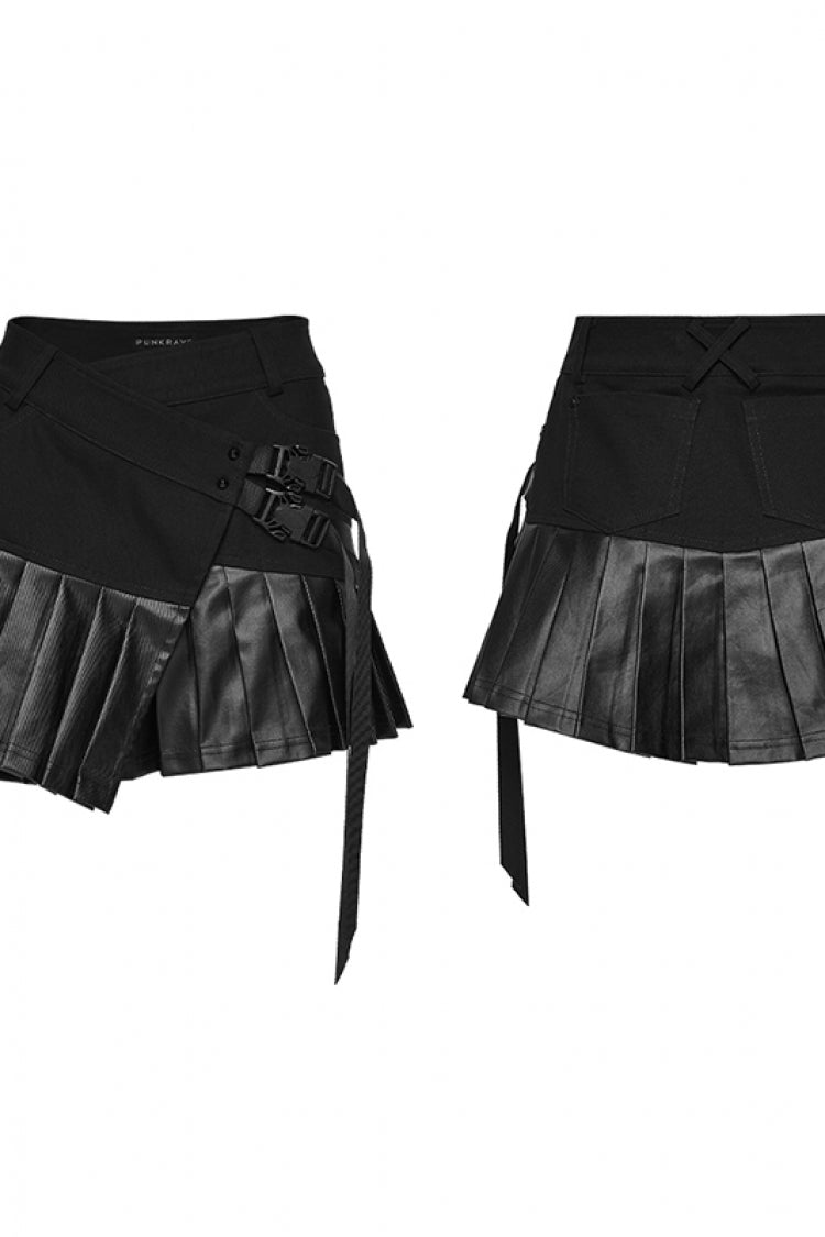 Black Asymmetric Buckled Pleated Women's Punk Skirt