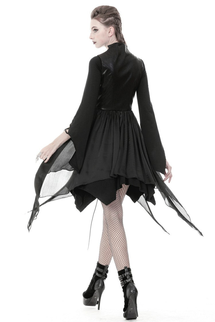 Black Chiffon Sleeveless Cut-Out Chest Irregular Hem Lace-Up Buckled Women's Punk Jacket