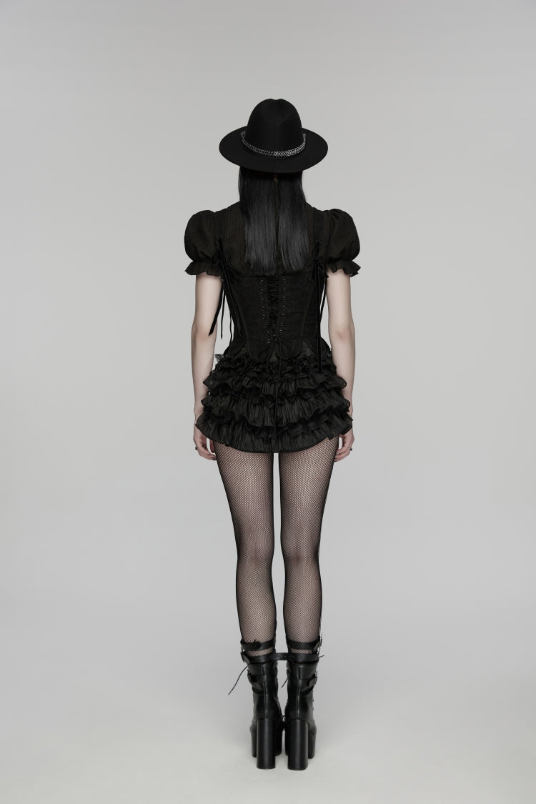 Black Multi-Layered Embroidered Lace Lace-Up Pleated Women's Gothic Shorts
