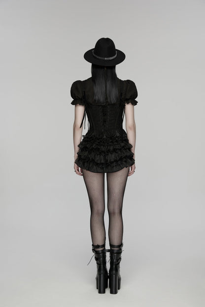 Black Multi-Layered Embroidered Lace Lace-Up Pleated Women's Gothic Shorts