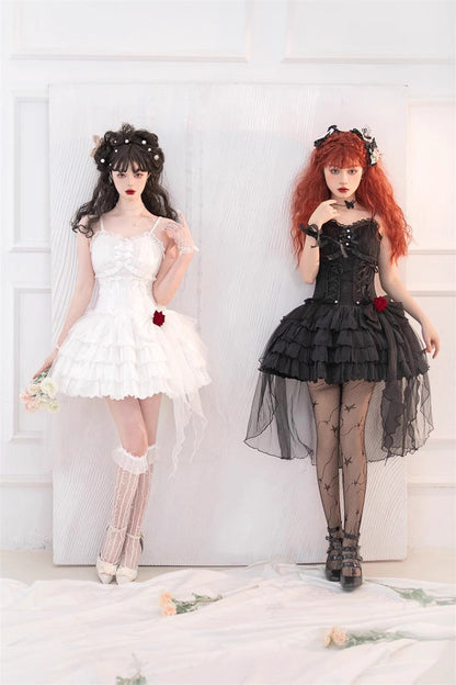 Black High Waisted Multi-layer Rose Bowknot Lace-Up Gothic Lolita Jsk Dress
