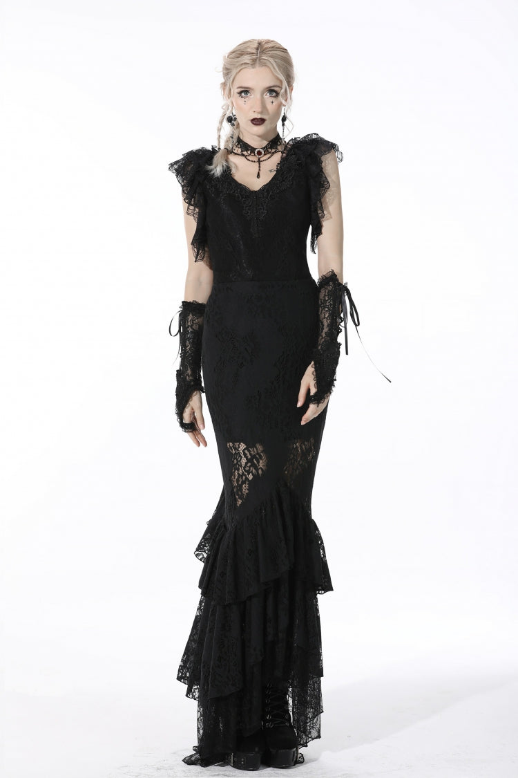 Black Plunging V Collar Short Sleeves Ruffled Lace Sexy Women's Gothic Crop Top