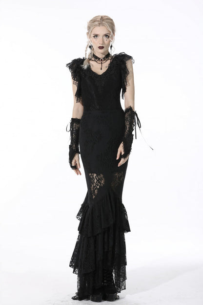 Black Plunging V Collar Short Sleeves Ruffled Lace Sexy Women's Gothic Crop Top