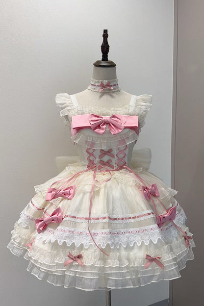 Apricot/Pink [Prelude to Spring Song] Sleeveless Multi-Layered Ruffle Bowknot Lace Sweet Princess Ballet Lolita Jsk Dress