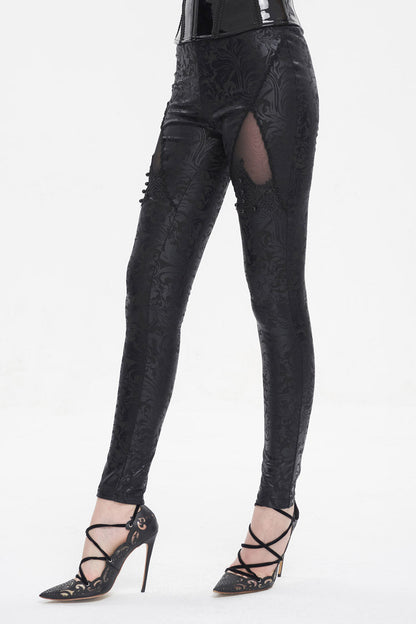 Black Floral Embroidered Mesh Splice Women's Gothic Leggings