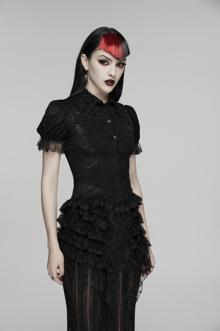 Black Lapel Collar Short Puff Sleeves Cut-Out Lace Lace-Up Slim Women's Gothic Blouse
