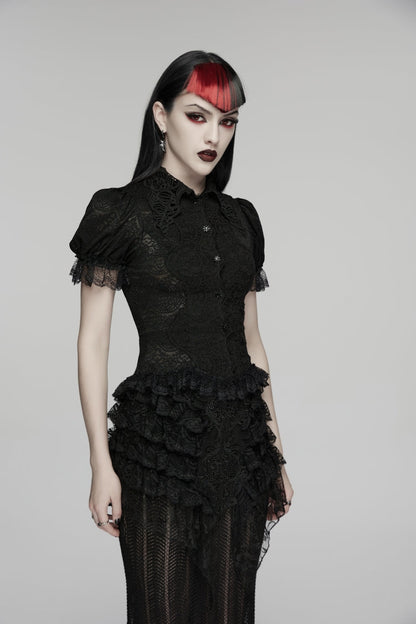 Black Lapel Collar Short Puff Sleeves Cut-Out Lace Lace-Up Slim Women's Gothic Blouse