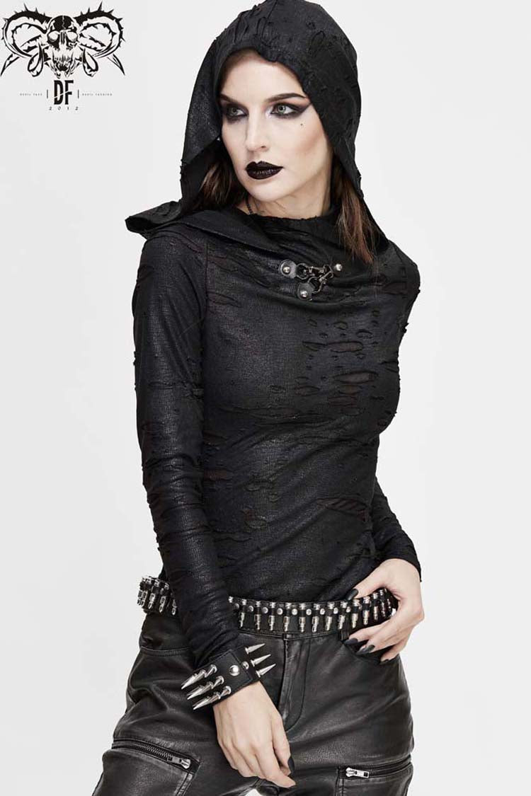 Black Hooded Snakeskin Ripped Pattern Triangle Metal Nail Asymmetrical Women's Punk Shirt
