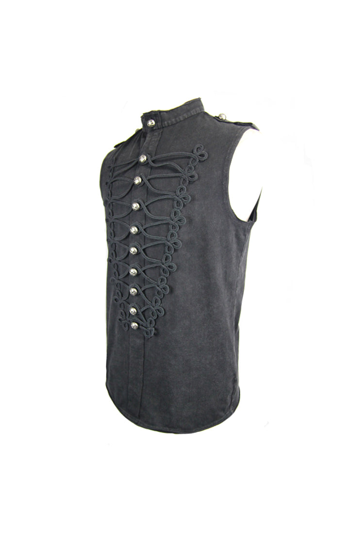 Black Military Uniform Style Chest Chinese Frog Button Sleeveless Men's Punk T-Shirt