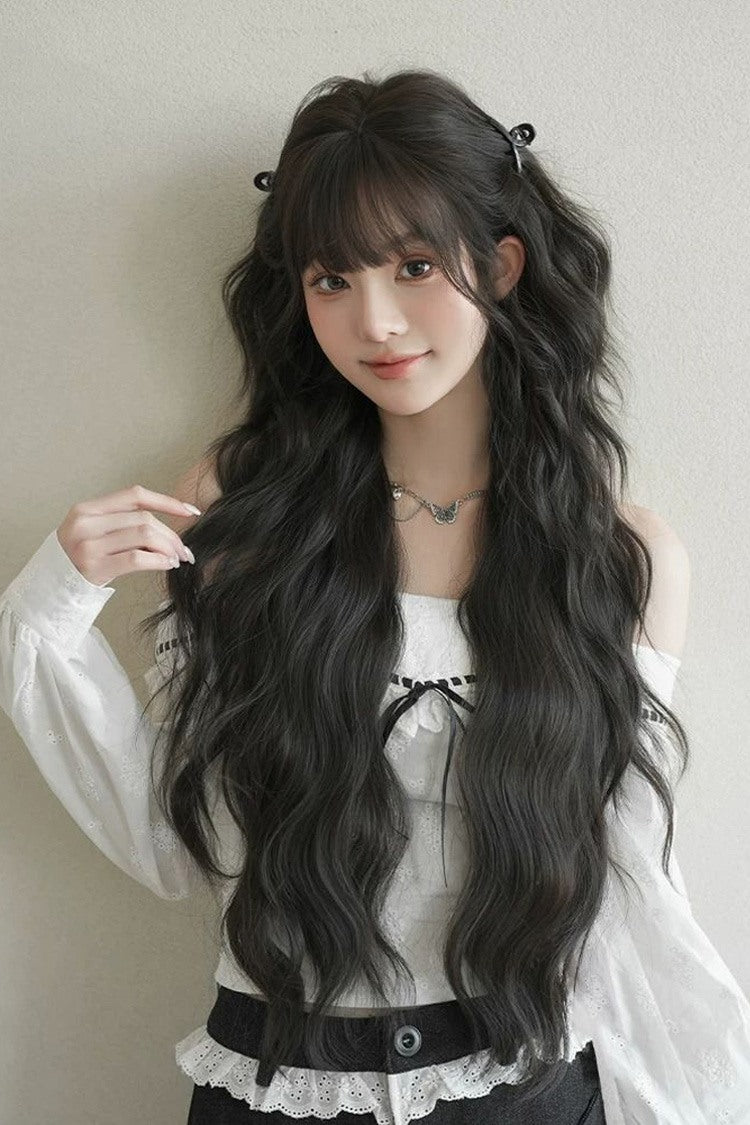 Black Brown Fluffy Natural Water Wave Curly Sweet Daily Lolita Long Wig
