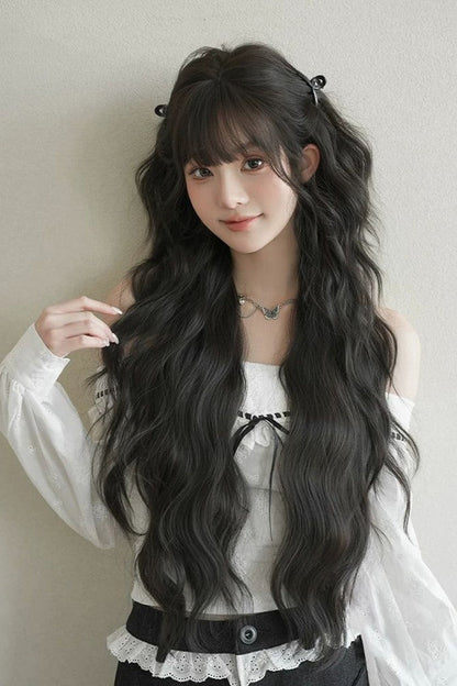 Black Brown Fluffy Natural Water Wave Curly Sweet Daily Lolita Long Wig