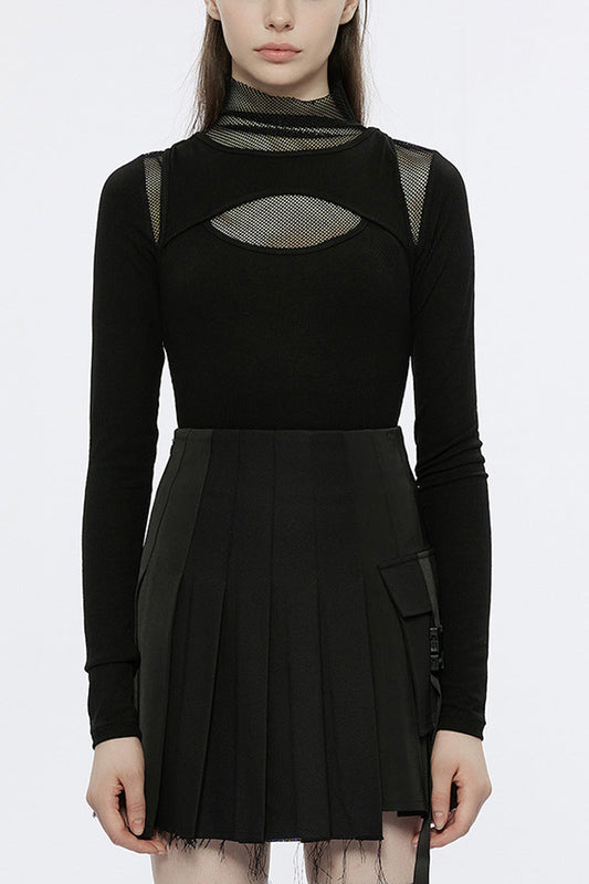 Black Long Sleeves Hollow Mesh Color Matching Fake Two Pieces Women's Punk T-Shirt