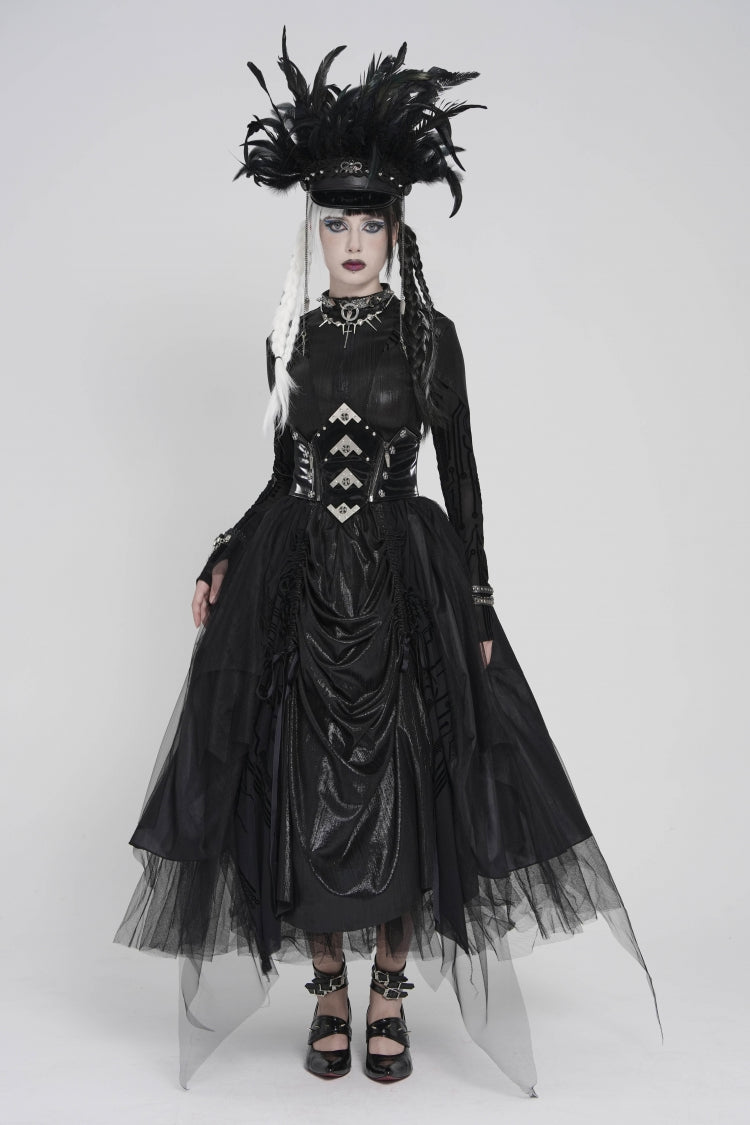 Black Multi-Layered Lace-Up Slim Irregular Asymmetric Eyelet Women's Gothic Long  Skirt