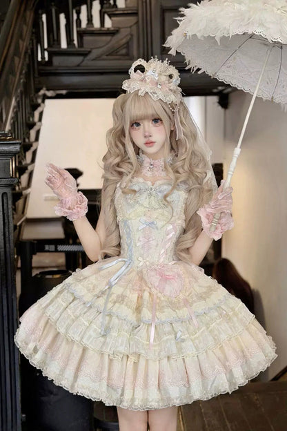Apricot/Pink [Cloudwhale Dreamweaver] Square Collar Multi-Layered Ruffled Bow Lace Sweet Lolita Jsk Dress