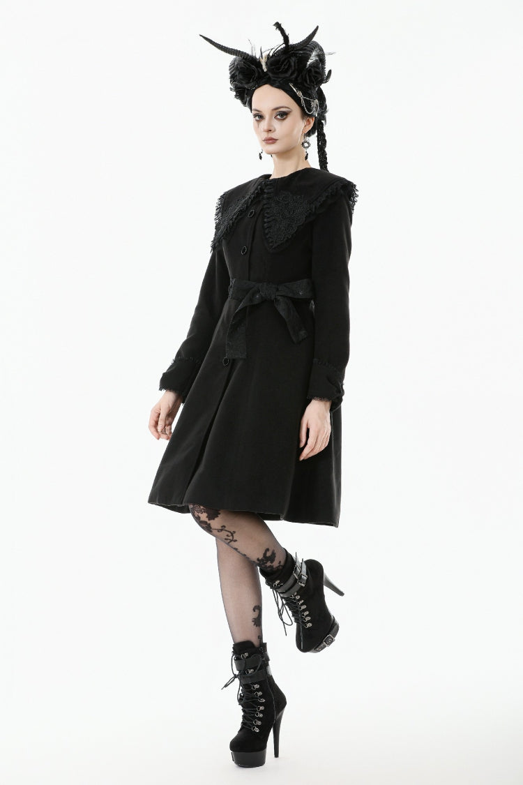 Black Floral Embroidered Peter Pan Collar Long Sleeves Bowknot Women's Gothic Coat