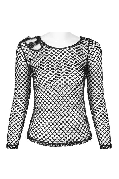 Black Long Sleeve Round Collar Shoulder Hollow Out Leather Hasp Coarse Mesh Women's Punk T-Shirt