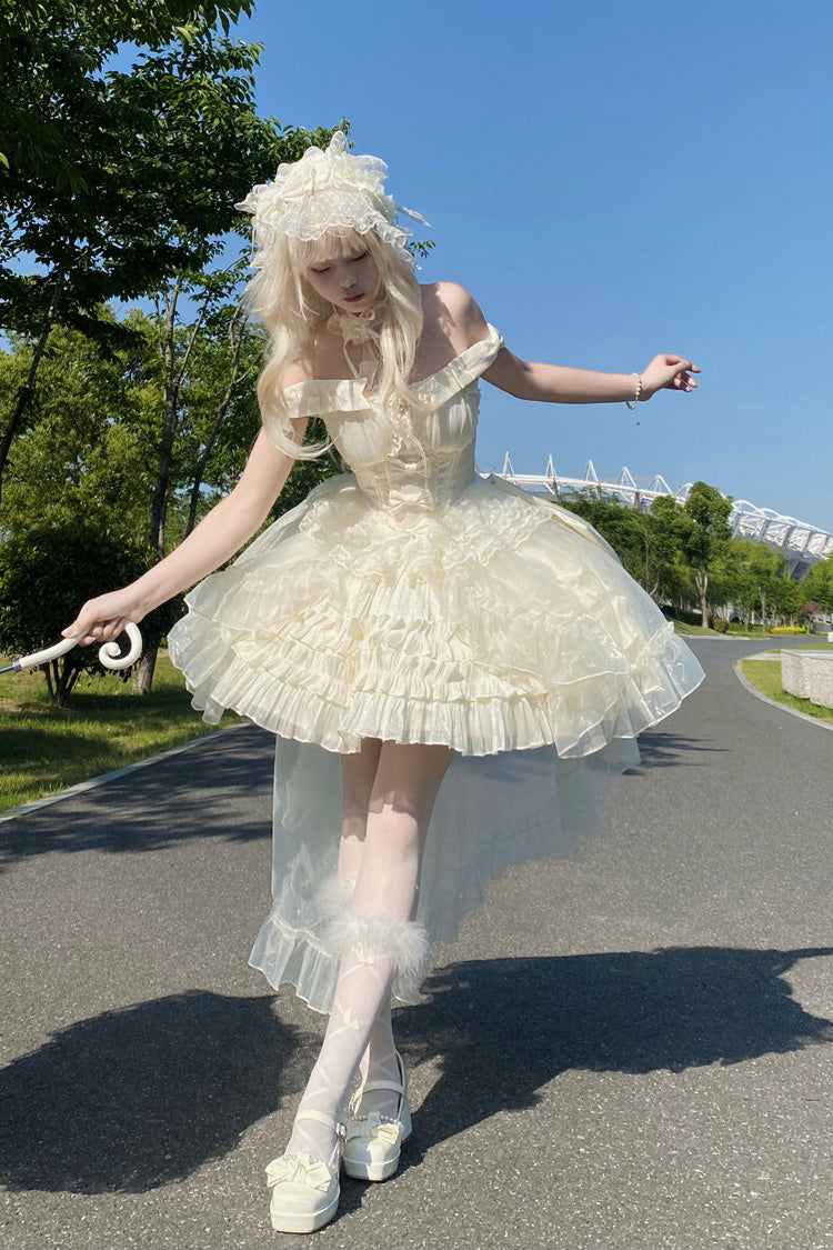 Apricot [Cream Cake] Sleeveless Multi-Layered Ruffle Bowknot Sweet Princess Lolita Jsk Dress Set