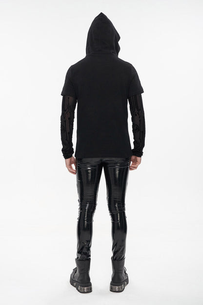 Black Paneled Mesh Long Sleeve Super High Collar Masked Circuit Diagram Printed Hooded Knitted Men's Punk T-Shirt
