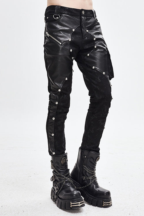 Black Patchwork Asymmetric Rivet Studded Punk Leather Mens Pants