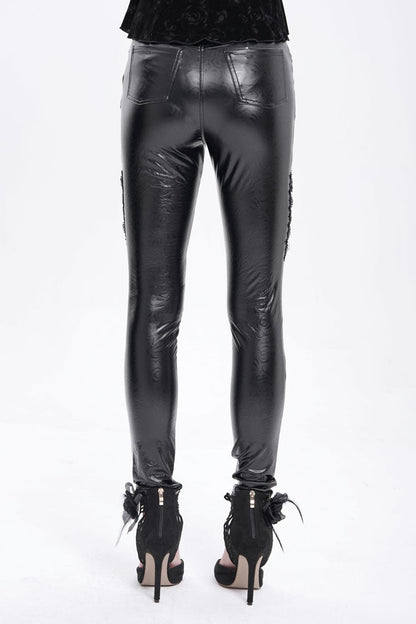 Black Chain Faux Leather Stitching Lace Women's Gothic Pants