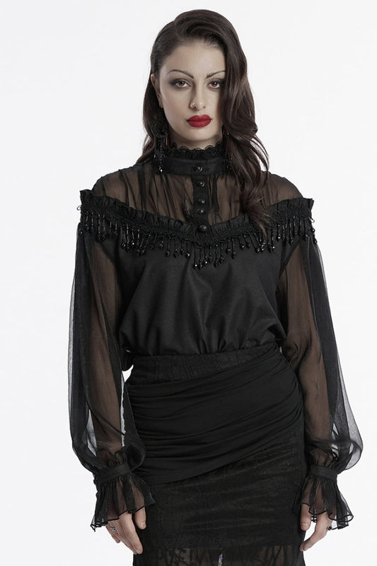 Black Long Sleeves Ruffle Sheer Mesh Women's Gothic Blouse