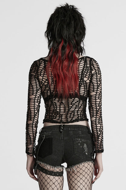 Black Long Sleeves Sheer Mesh Ripped Women's Punk T-Shirt