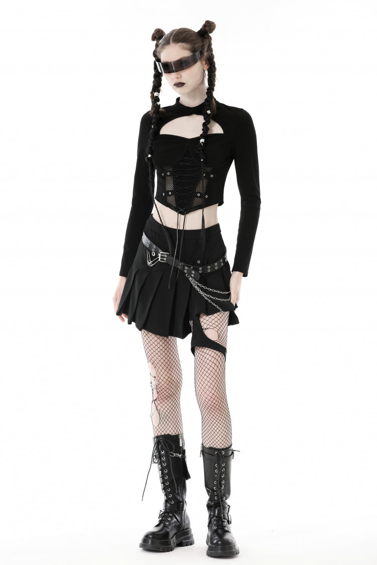 Black Long Sleeves Cut-Out Spliced Mesh Zippered Strappy Eyelet Women's Punk Crop Top
