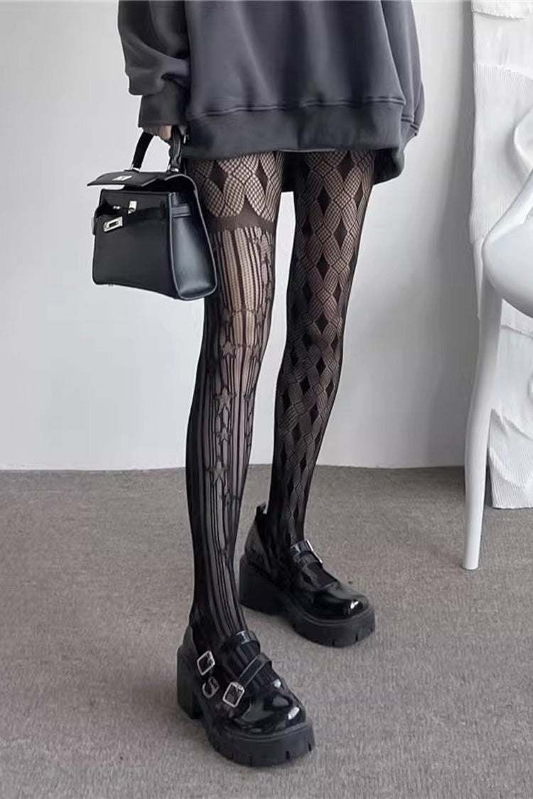 Black Mesh Asymmetric Striped Gothic Lolita Tights