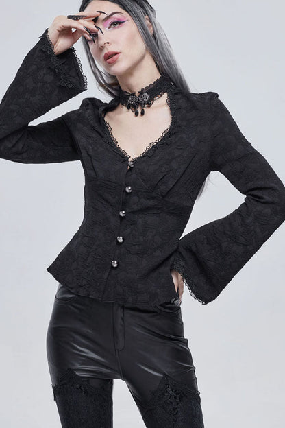 Black Gothic V-Neck Metal Buttons Pendant Lace Jacquard Frenulum Long Sleeves Women's Shirt