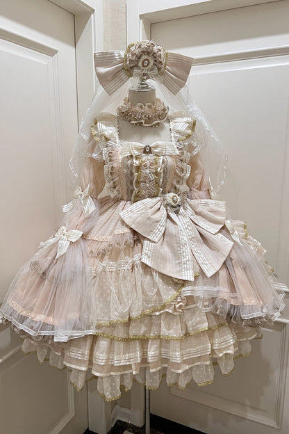 Apricot [Coronation] Long Trumpet Sleeves Multi-Layered Ruffle Bowknot Lace Sweet Gorgeous Lolita Dress Set