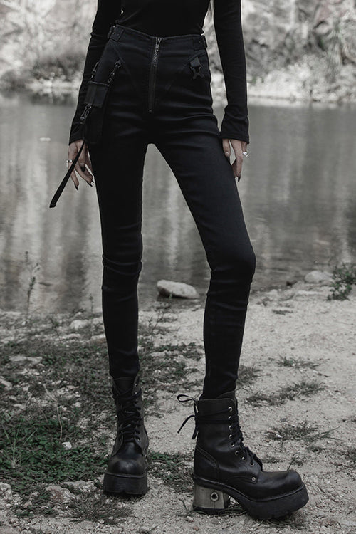 Black Functional Tooling Style Pocket Belt Trim V-Shaped Split Zipper Women's Punk Trousers