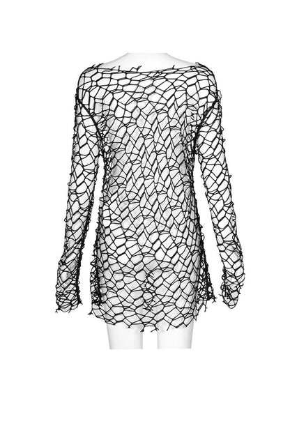 Black Long Sleeve Large Round Collar Large Mesh Women's Punk T-Shirt